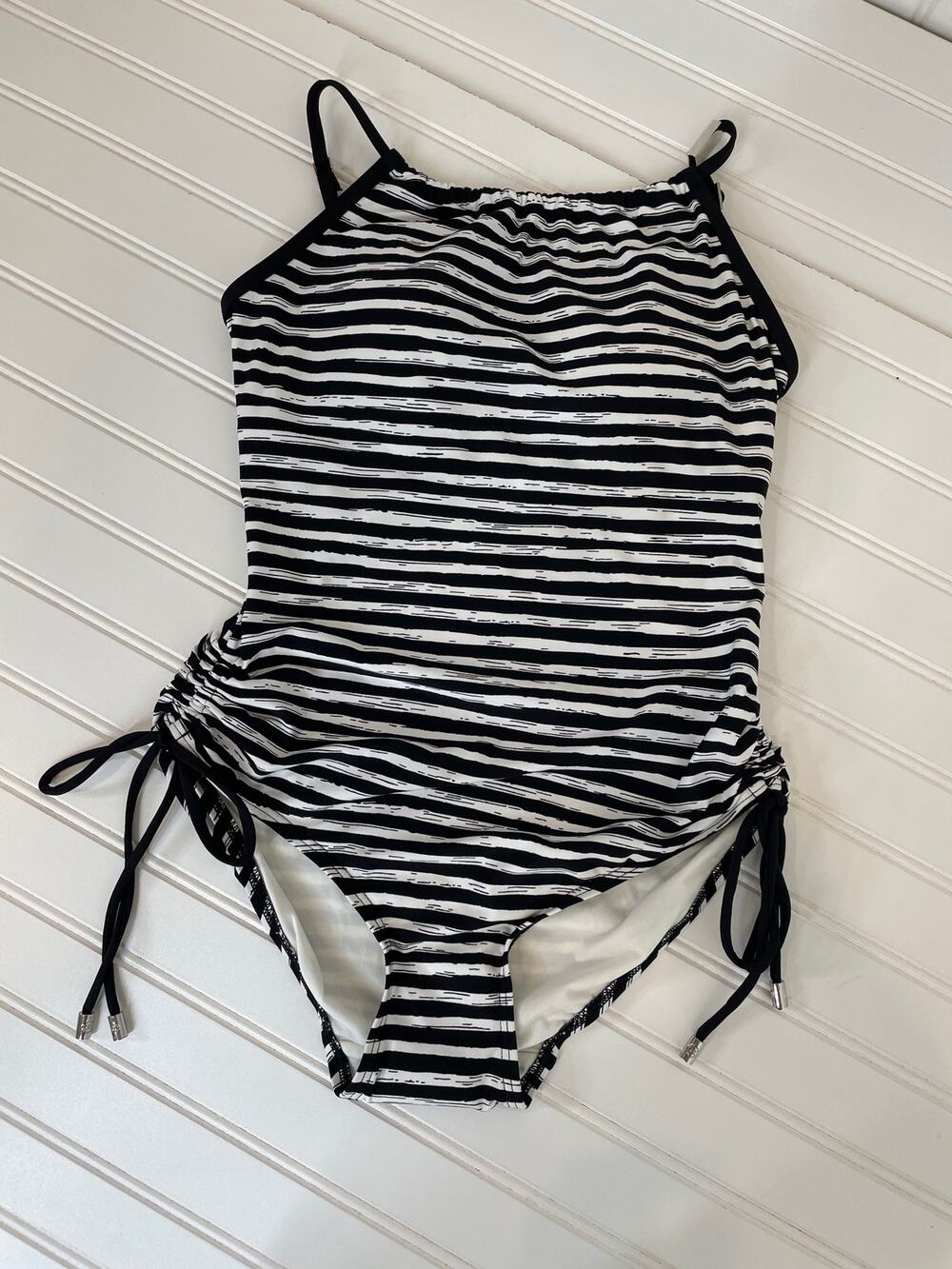 NWOT Michael Kors One Piece Bathing Suit Black & White Stripe Drawstring Side S